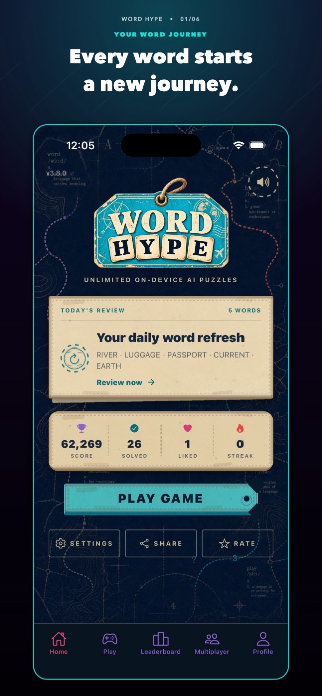 Word Hype home screen with today's word refresh and stats