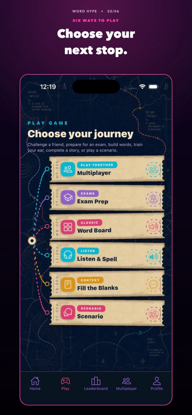 Word Hype game mode picker: six ways to play, from Word Board to Exam Prep